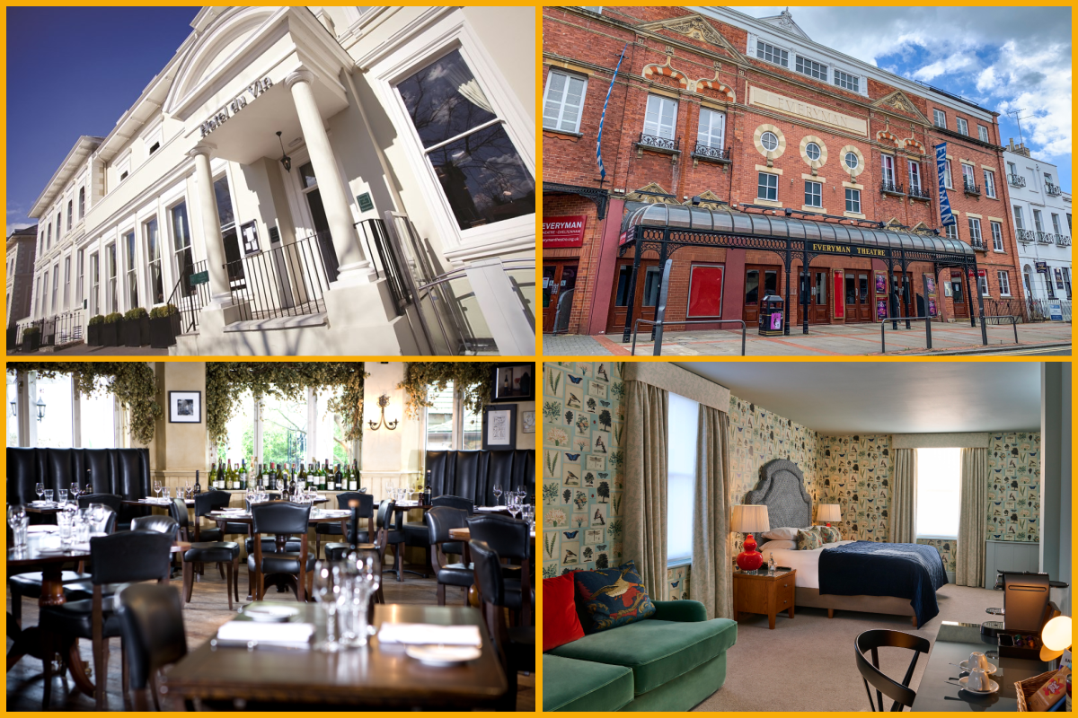 Hotel Du Vin Cheltenham Giveaway. Exterior of hotel, suite & restaurant in hotel and Everyman Theatre