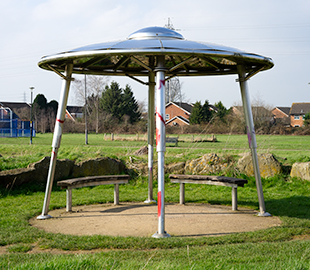 A stainless steel shelter in the shape of an UFO